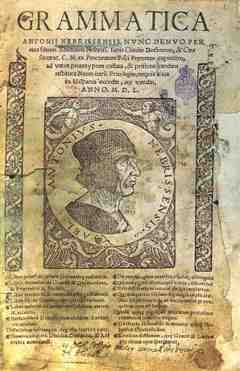 Portada de Grammatica Antonii Nebrissensis. Es la primera gramática del idioma español, escrita por Antonio de Nebrija y publicada en 1492.